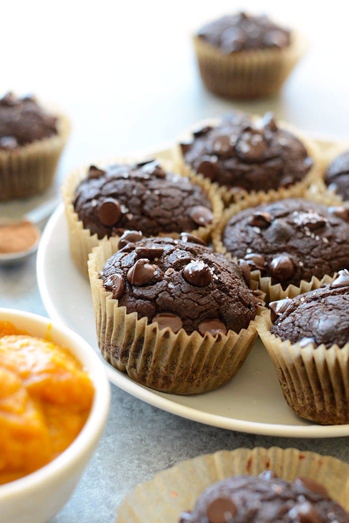 Chocolate pumpkin muffins on a plate