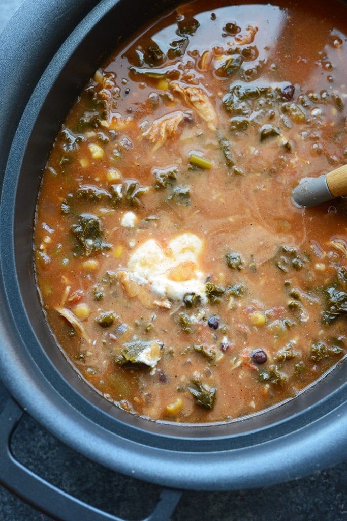 Slow Cooker Chicken Tortilla Soup with Kale - Fit Foodie Finds