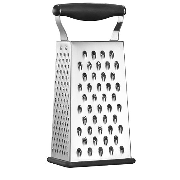 A stainless steel grater for effortlessly shredding cheddar onto sweet potato hash browns.