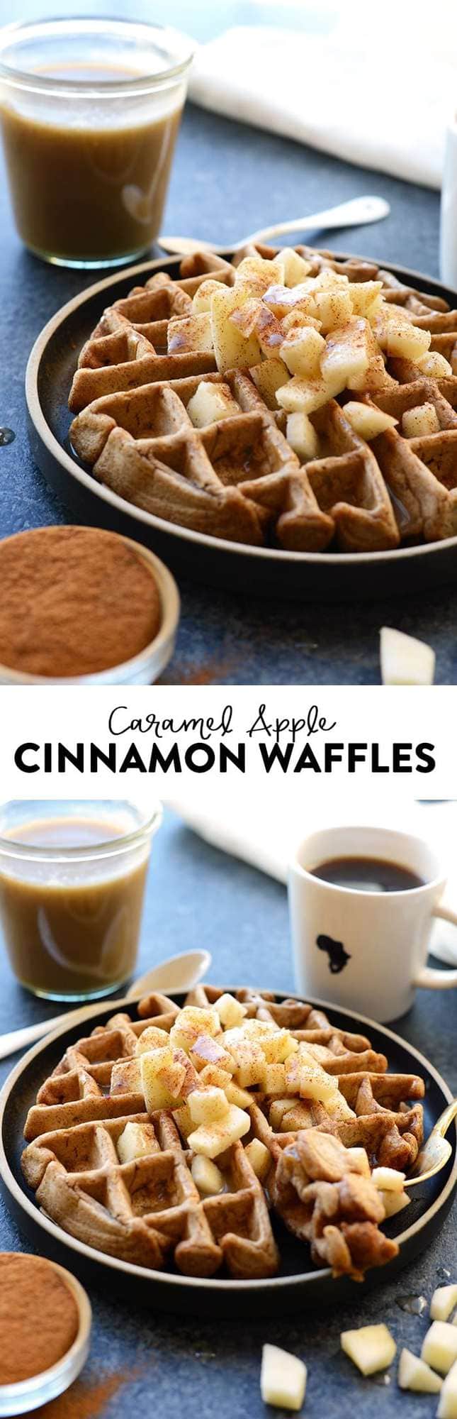 Tis the season of apples and cinnamon! You're going to love these HEALTHY caramel apple cinnamon waffles made with 100% whole wheat flour, apple chunks, tons of cinnamon, and a homemade caramel sauce made from full-fat coconut oil!