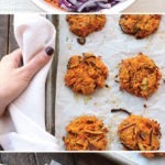 a collection of pictures of cheddar sweet potato fritters.