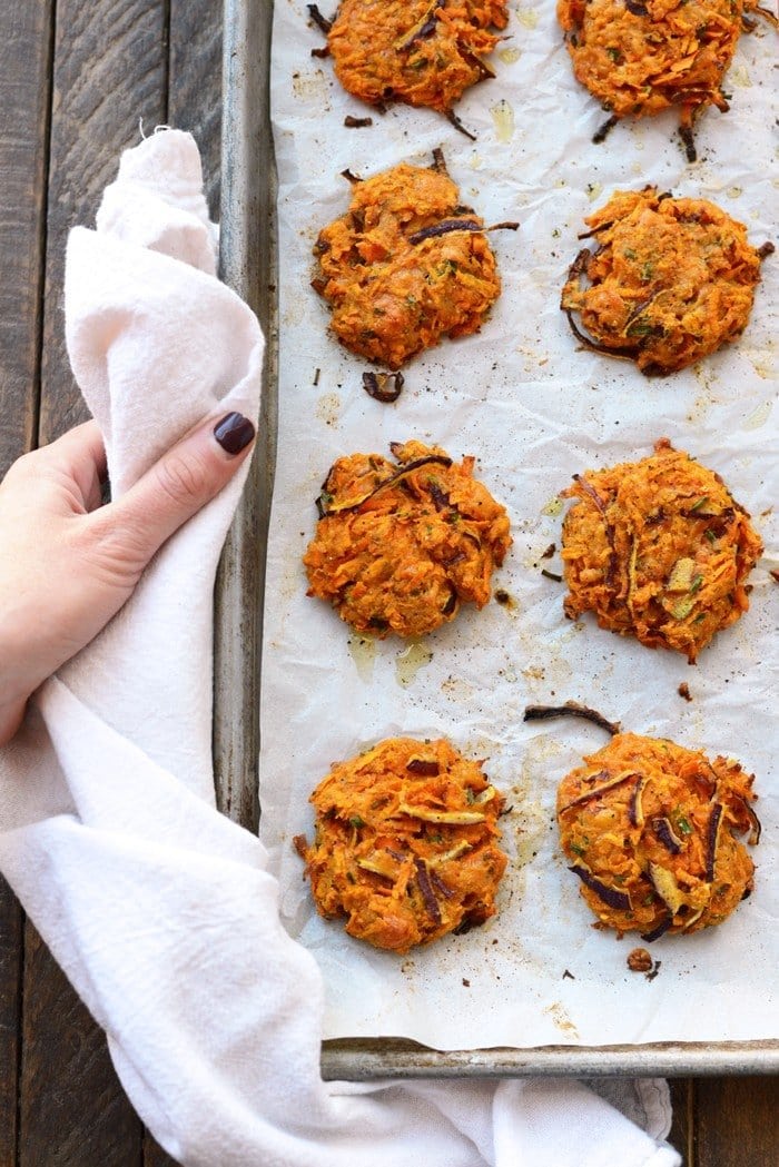 sweet potato hash browns fritters on a baking tray