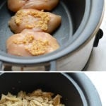 A crock pot filled with delicious shredded chicken tacos.