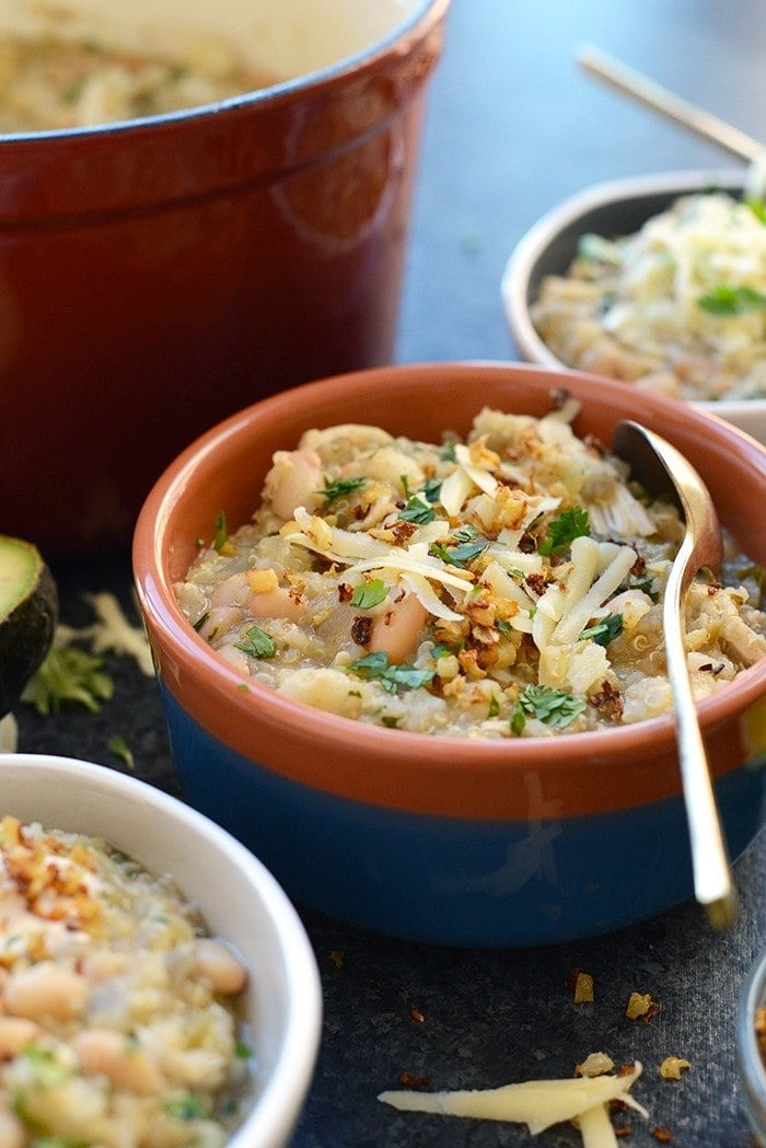 When you need a warm meal to thaw out your bones, this White Chicken Quinoa Chili is just what you need! It's made with chicken breast, quinoa, white beans, and salsa verde. 
