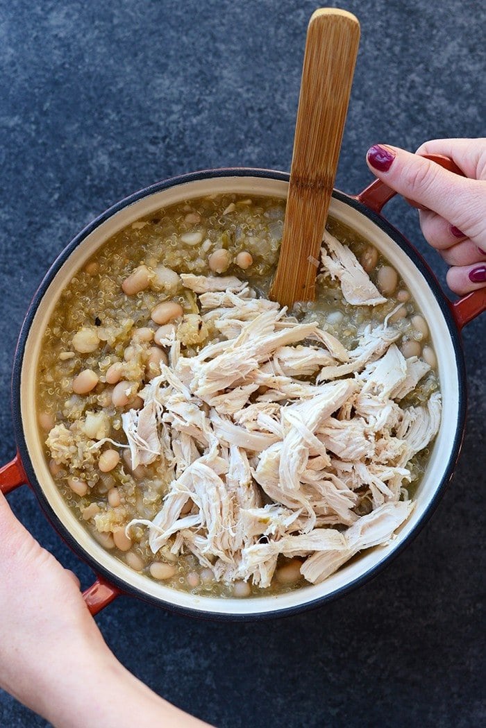 When you need a warm meal to thaw out your bones, this White Chicken Quinoa Chili is just what you need! It's made with chicken breast, quinoa, white beans, and salsa verde. 