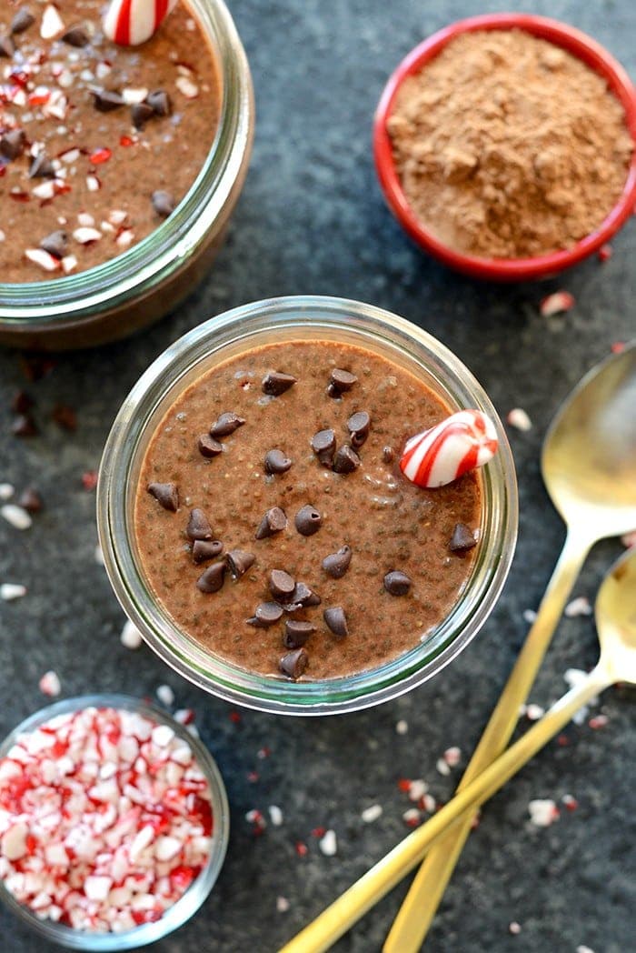 Get festive with your chocolate chia seed pudding and add some peppermint extract for the perfect healthy holiday dessert! 