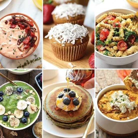 a collage of pictures of healthy breakfasts and lunches using a Ninja Kitchen.