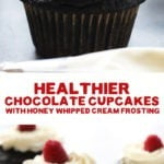 Healthier chocolate cupcakes topped with whipped cream and raspberries.