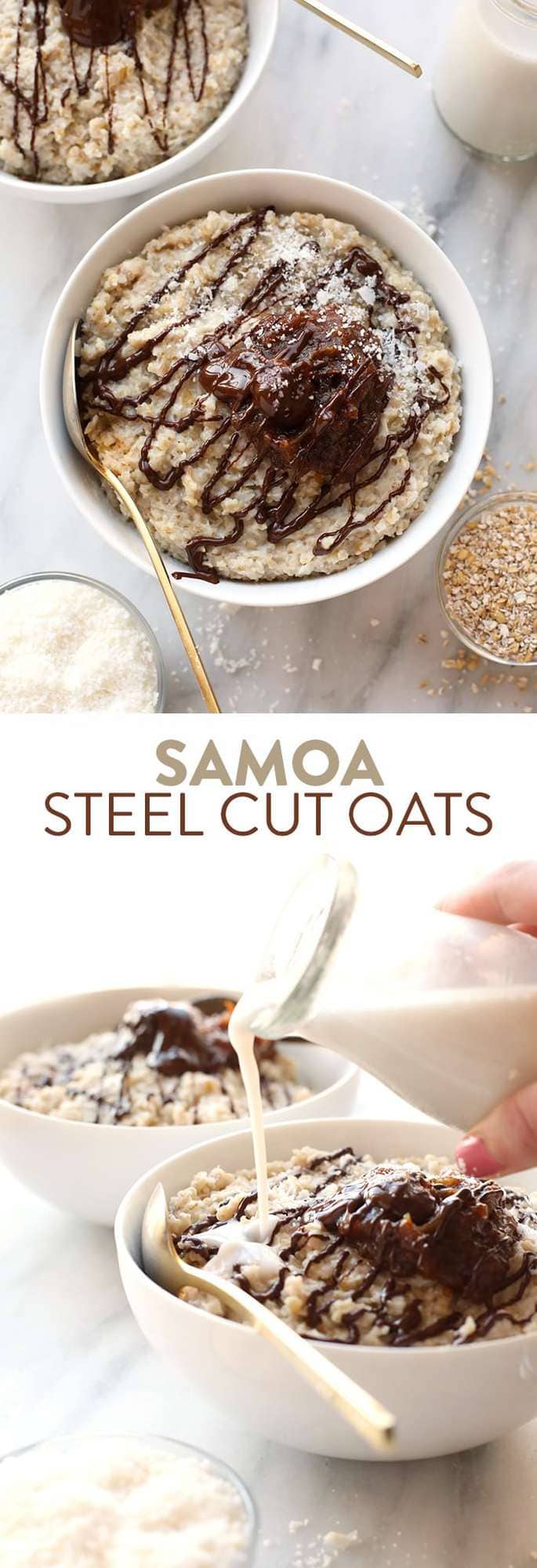 Use your slow cooker to make this decadent Crock Pot Samoa Steel Cut Oatmeal made with a coconut oatmeal base topped with homemade date caramel and a drizzle of chocolate! 
