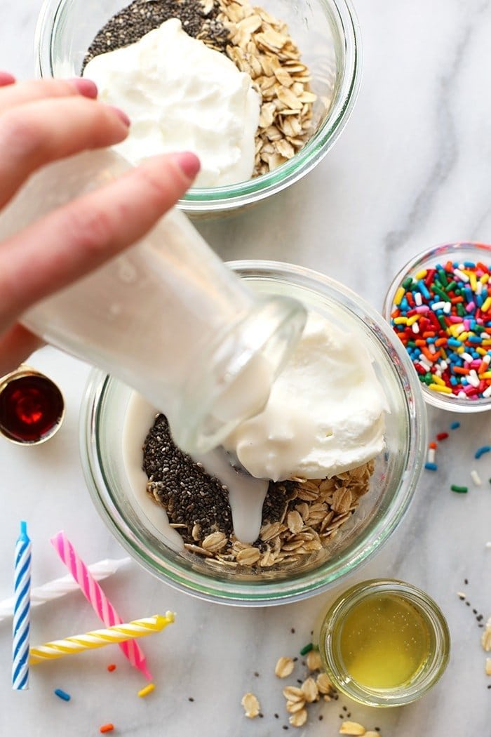 Celebrate your birthday the right way and start off with these HEALTHY Birthday Cake Batter Overnight Oats. They're prepped in less than 5 minutes and packed with healthy ingredients. 