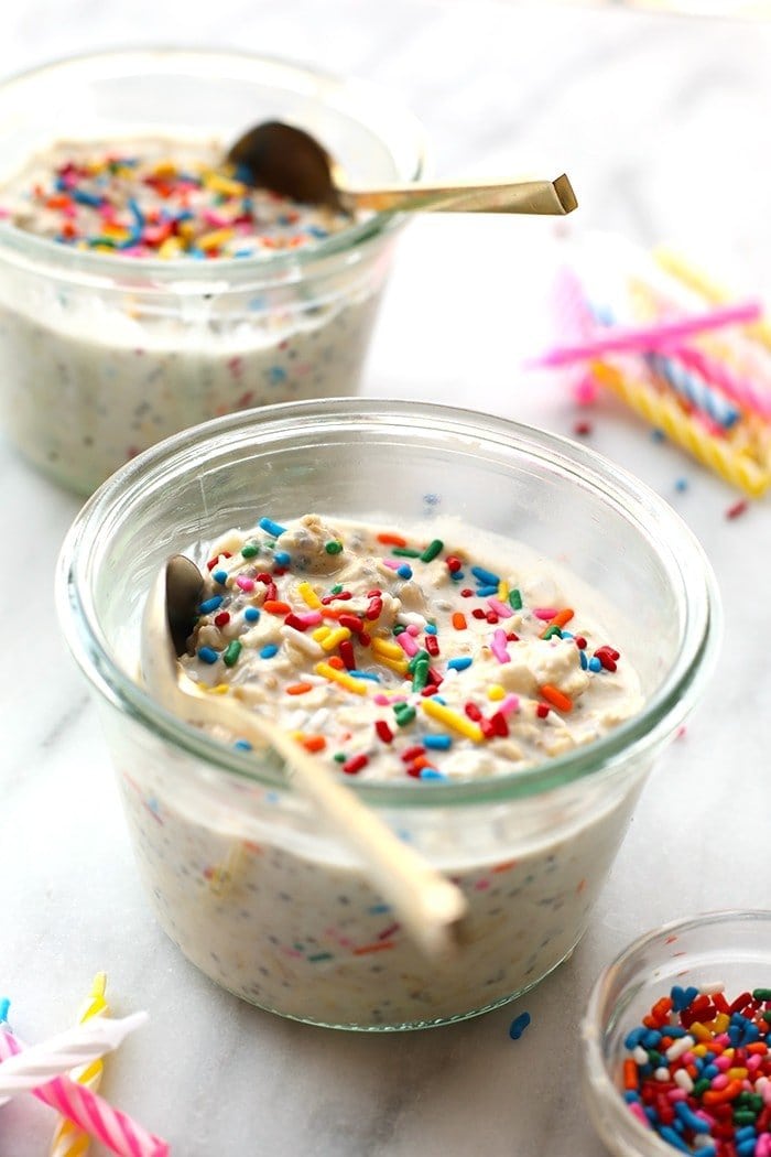 Celebrate your birthday the right way and start off with these HEALTHY Birthday Cake Batter Overnight Oats. They're prepped in less than 5 minutes and packed with healthy ingredients. 
