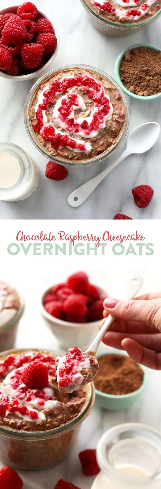 Nothing like cheesecake for breakfast. This Chocolate Raspberry Cheesecake Overnight Oatmeal recipe is prepped in less than 5 minutes so that you can have a healthy breakfast ready to go in seconds in the AM. 