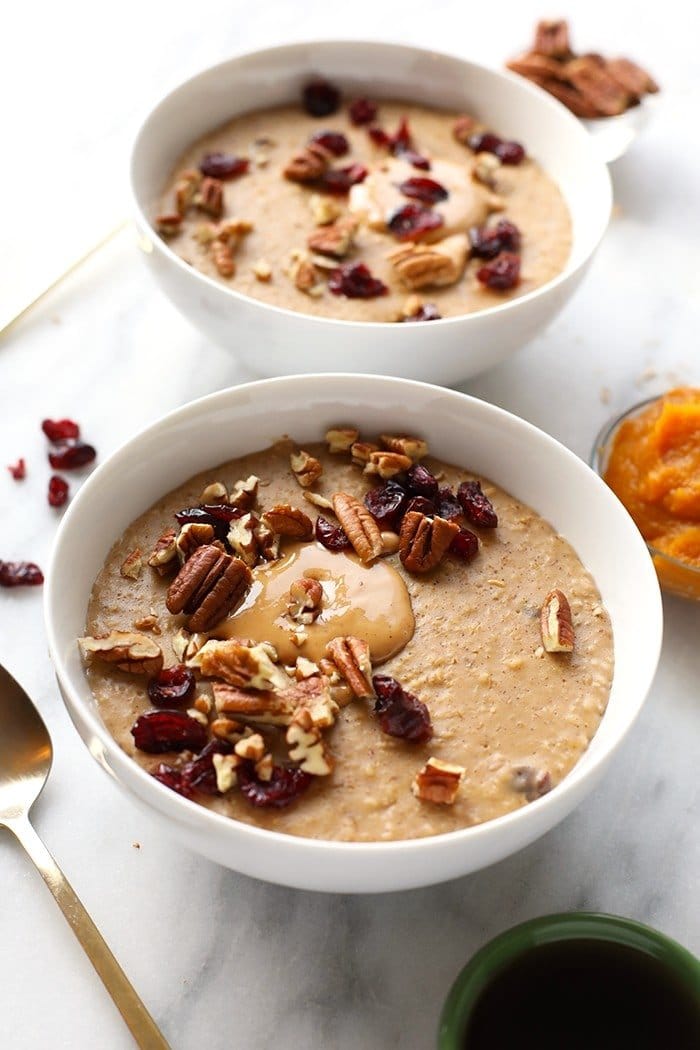 This Pumpkin Pie Slow Cooker Oatmeal is creamy as can be and full of flavor. It's made with steel cut oats, pumpkin puree, pumpkin ،e, and a hint of maple. 