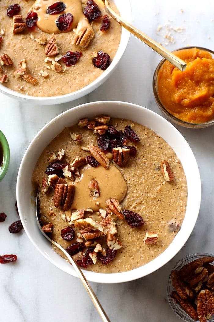 This Pumpkin Pie Slow Cooker Oatmeal is creamy as can be and full of flavor. It's made with steel cut oats, pumpkin puree, pumpkin ،e, and a hint of maple. 