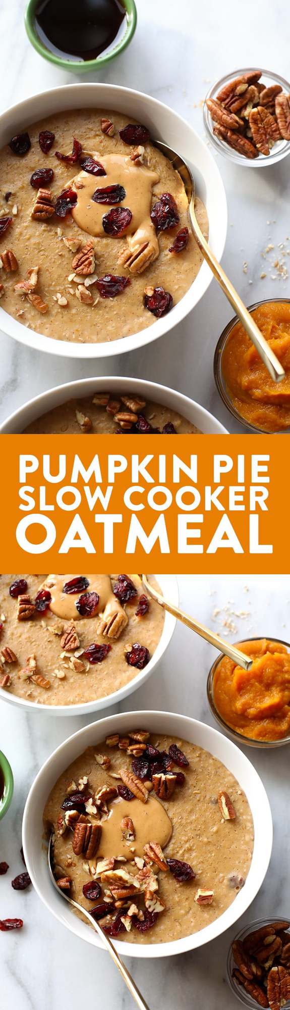 This Pumpkin Pie Slow Cooker Oatmeal is creamy as can be and full of flavor. It's made with steel cut oats, pumpkin puree, pumpkin spice, and a hint of maple. 