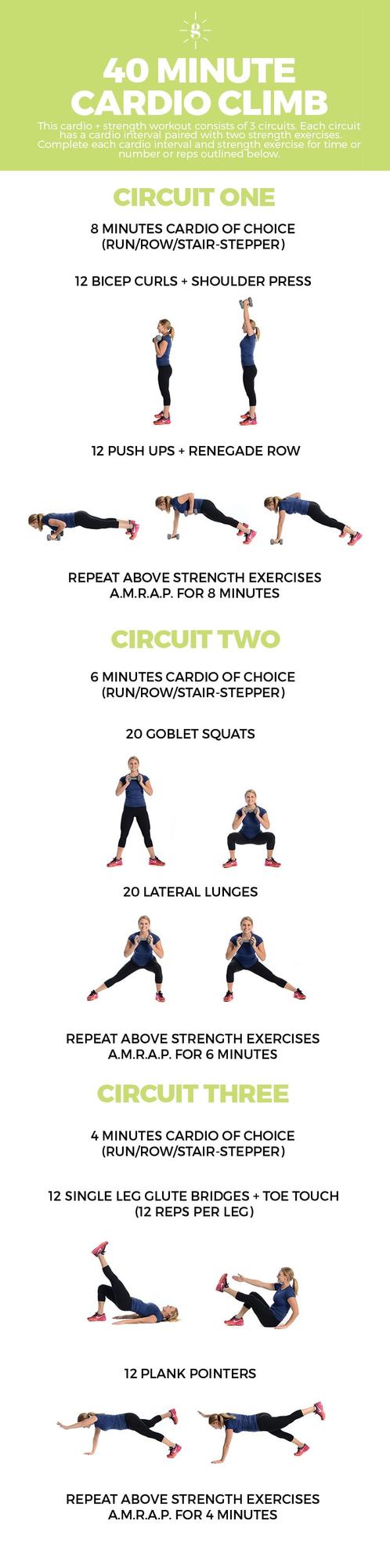 Do this 40 minute cardio climb workout and mix steady state cardio with strength training AMRAP circuits!