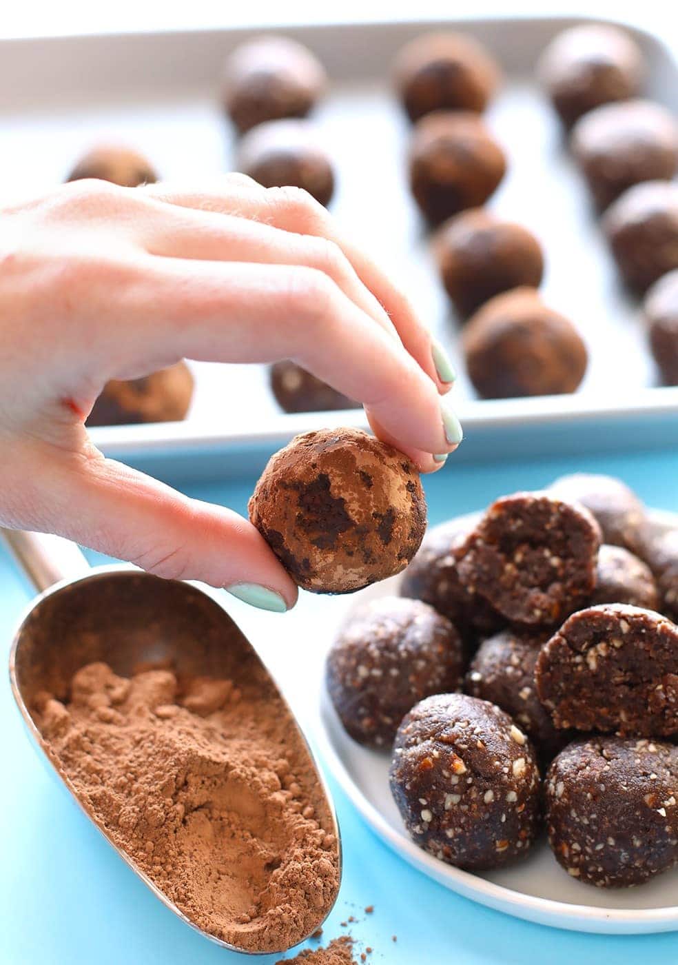 These healthy peanut butter brownie balls are the energy ball of all energy balls. They're packed with protein and fiber and pretty much taste like dessert!