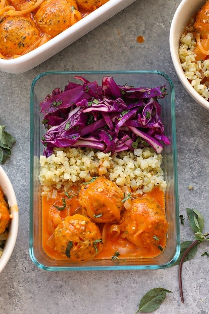 Curry meatballs in a meal prep container