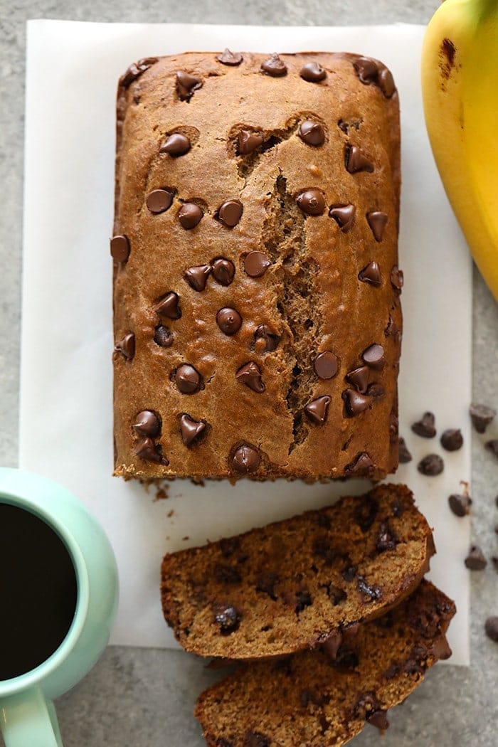 Sliced banana bread with chocolate chips