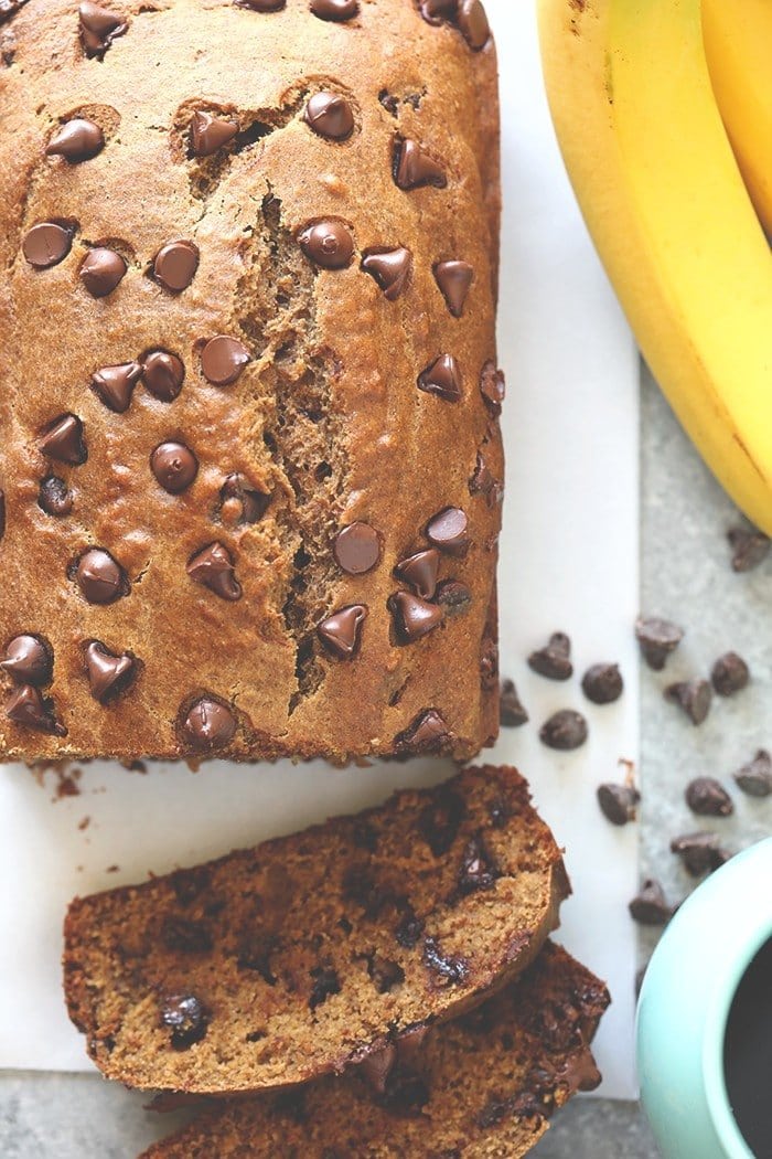 Melted chocolate chips on banana bread