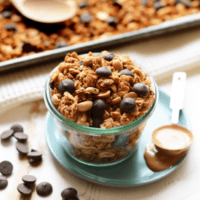 A bowl of granola with chocolate chips and peanut butter.