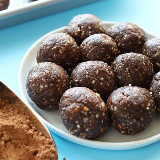 Peanut butter chocolate energy balls on a plate.