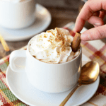 A person holding a cinnamon stick in a cup of hot cocoa.