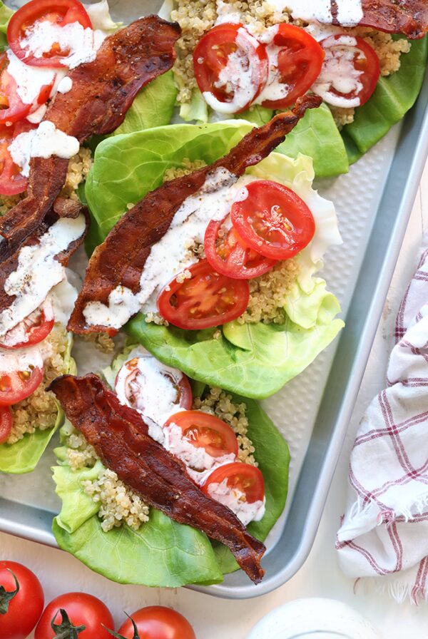 Lettuce wraps with bacon and tomatoes, inspired by the classic BLT sandwich.