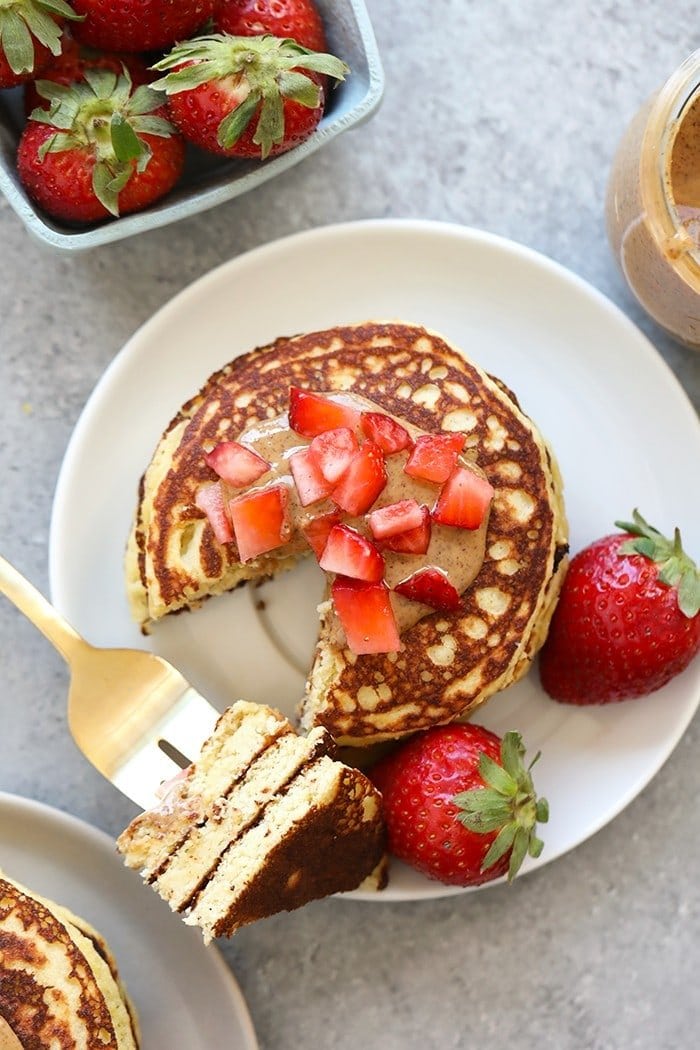 top view of Almond Flour Banana Pancakes with strawberry slices