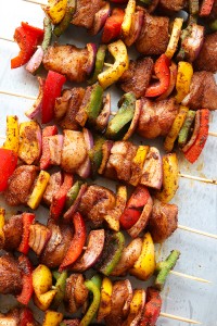 kabobs on countertop.