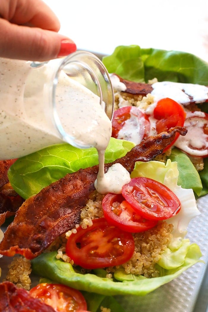 Ditch the bread and make these amazing BLT Quinoa Lettuce Wraps with a piece of bib lettuce and homemade healthy ranch instead! 