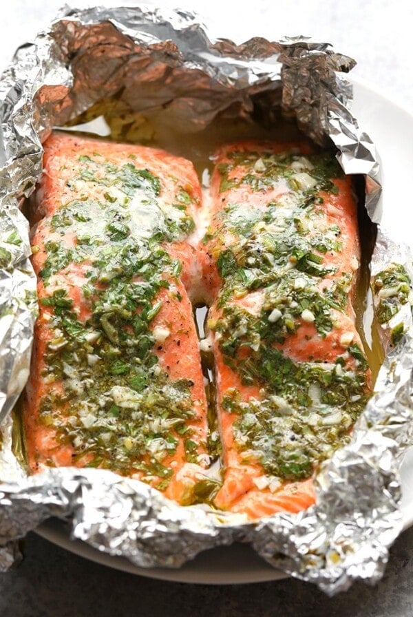 grilled salmon in foil pack with herbs and butter