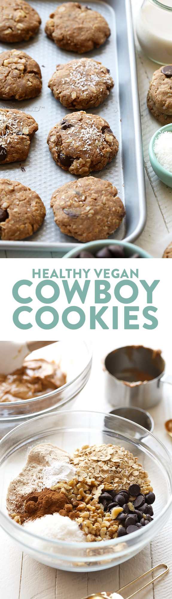 Looking to whip up a batch of healthy cookies? Lighten things up with these crunchy on the outside, soft on the inside healthy vegan cowboy cookies! They're made with peanut butter, oats, coconut, and walnuts! If you love vegan peanut butter cookies, then I know you'll love these healthy vegan cowboy cookies!
