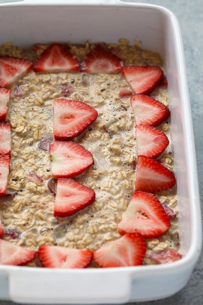 Strawberry rhubarb oatmeal bake ready to be placed in the oven.