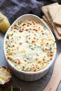 Lightened Up Spinach and Artichoke Dip with crackers.