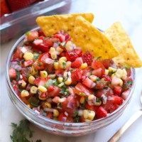 Strawberry Pico de Gallo served with tortilla chips.