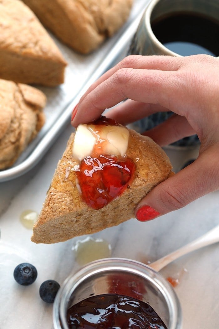 These Honey Whole Wheat Scones from the Love Real Food Cookbook are the perfect base scone recipe to create your own wonderful variation. They are made with white whole wheat flour, honey, and full-fat coconut milk (instead of oil)!