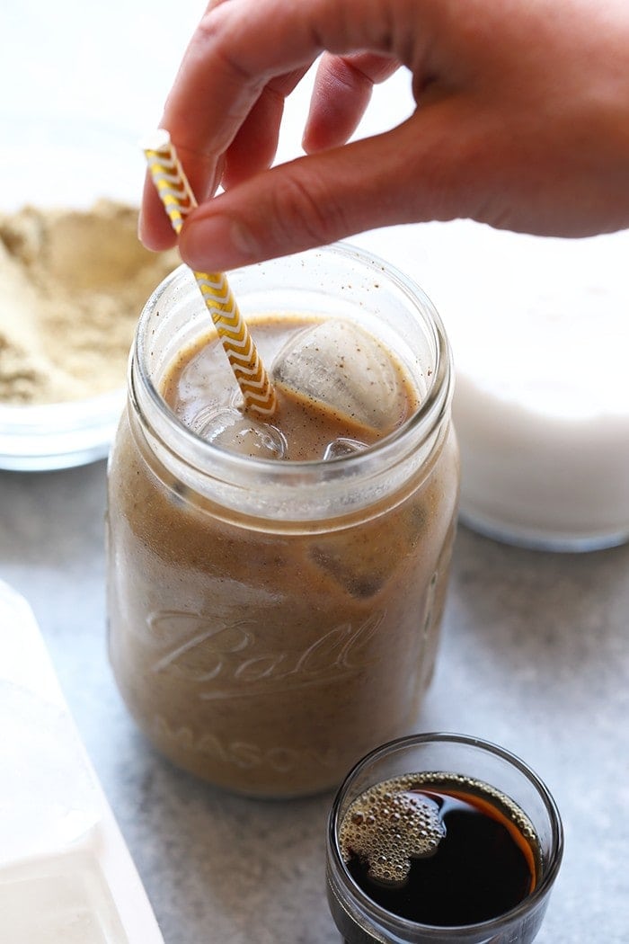 All you need are three ingredients to make the most delicious post-workout, protein-packed drink there is ---> cold brew + unsweetened almond milk + protein powder.