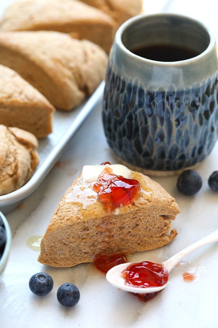 These Honey Whole Wheat Scones from the Love Real Food Cookbook are the perfect base scone recipe to create your own wonderful variation. They are made with white whole wheat flour, honey, and full-fat coconut milk (instead of oil)!