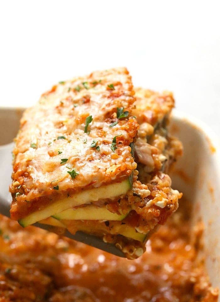 healthy zucchini lasagna on spoon