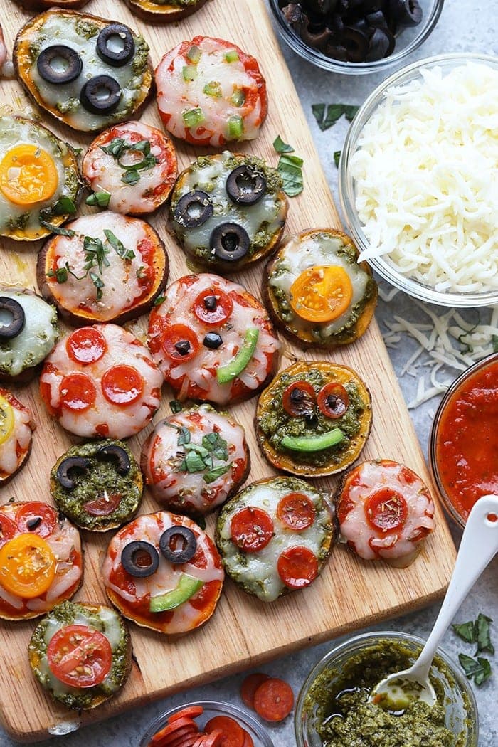Back to school snacking never looked so good! Make these Sweet Potato Pizza Bites for the kiddos. They're customizable with a pesto or marinara base and a variety of different toppings.