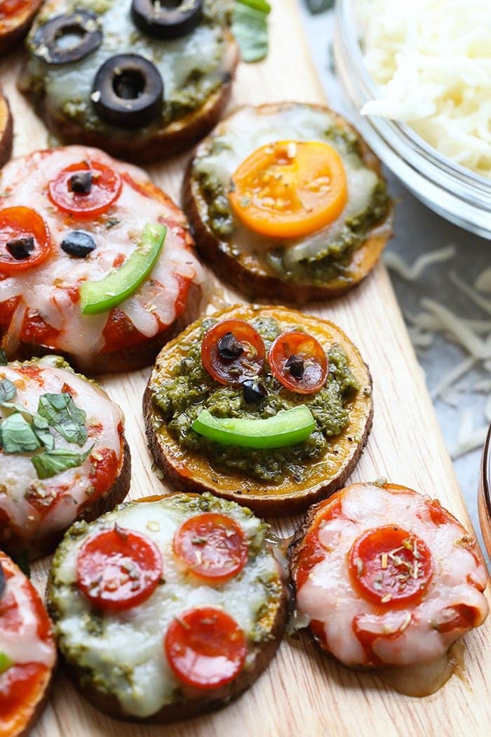 Back to school snacking never looked so good! Make these Sweet Potato Pizza Bites for the kiddos. They're customizable with a pesto or marinara base and a variety of different toppings.