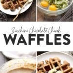 a collage of pictures of chocolate chip and zucchini waffles.