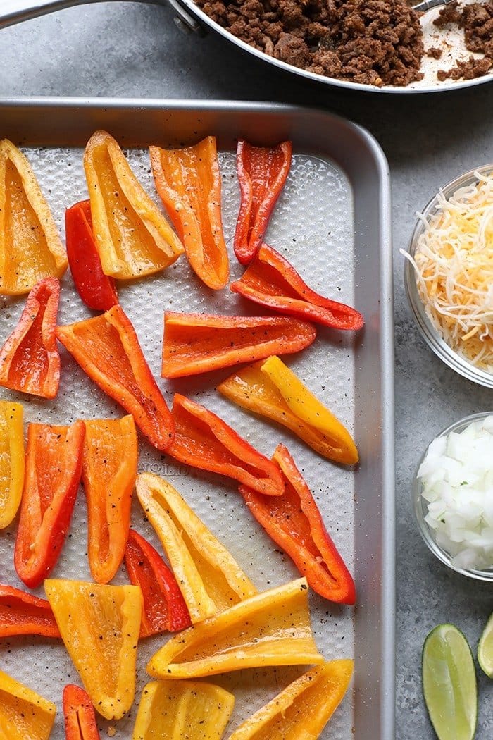 mini bell peppers on sheet pan.