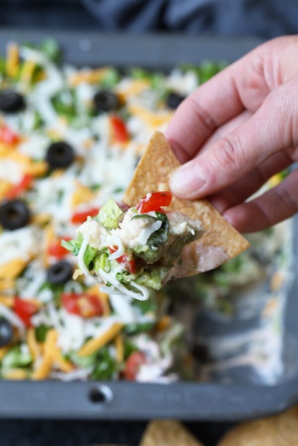 healthy taco dip on a chip