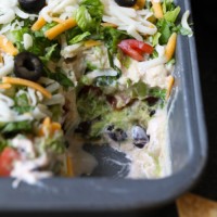 Healthy Mexican chicken dip in a baking dish.