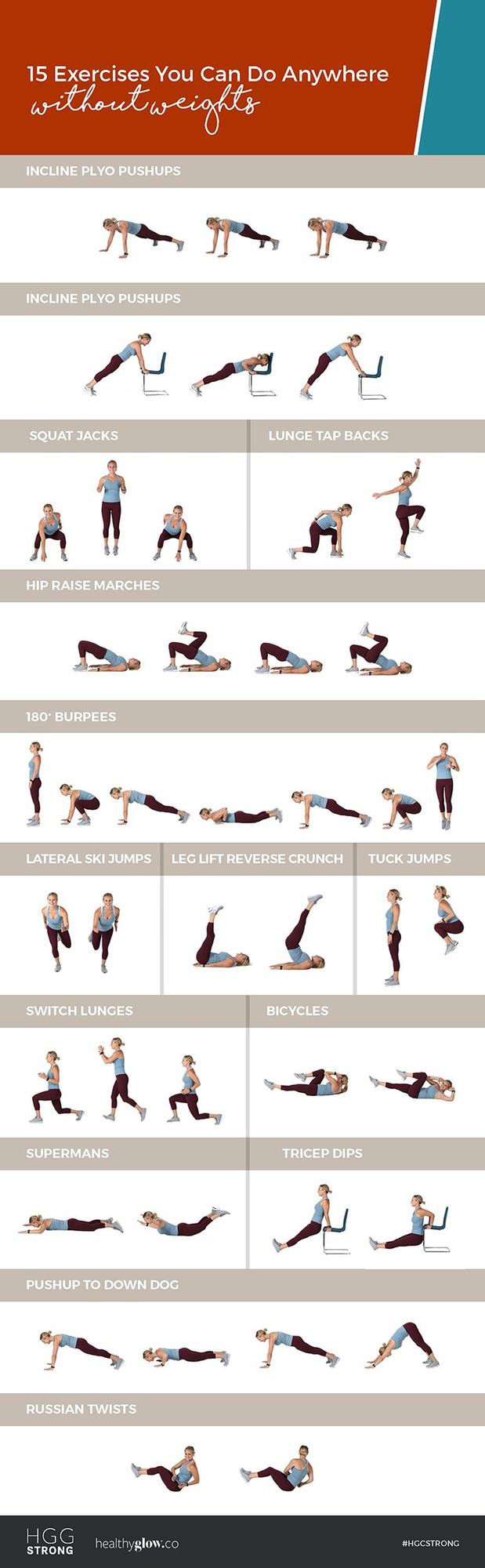 Take your workout anywhere with these 15 strength-based bodyweight exercises! These moves use only your bodyweight and are from Healthy Glow Co's new HGG STRONG program!