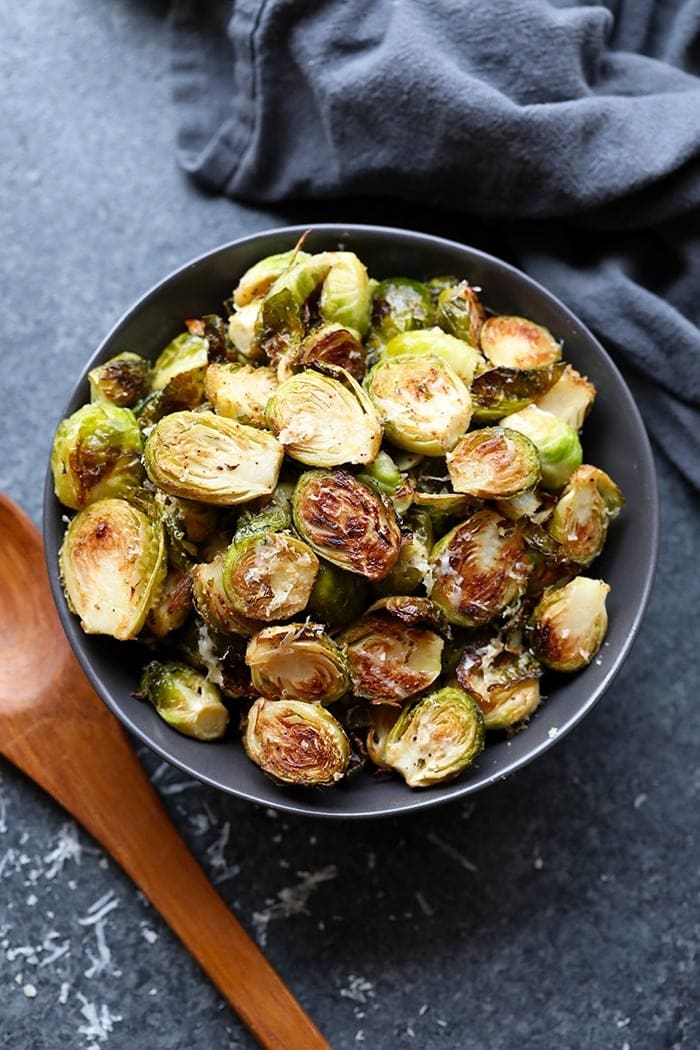 roasted brussels sprouts with parmesan in a bowl