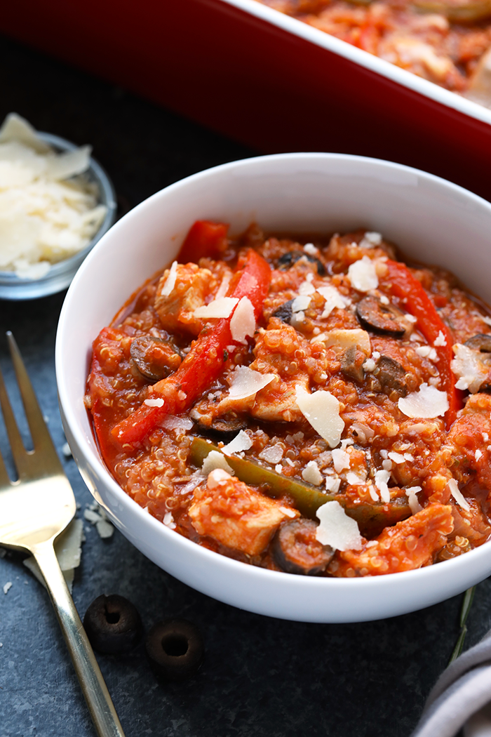 Try this Meal-Prep Chicken Cacciatore Quinoa Bake for dinner this week. It has all of the delicious flavors and ingredients of traditional chicken cacciatore, but with a healthy and quick twist!