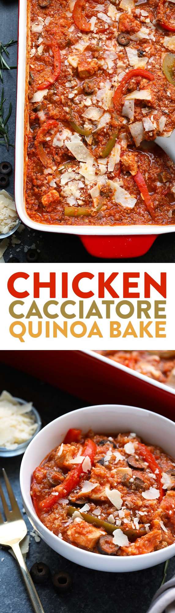 Try this Meal-Prep Chicken Cacciatore Quinoa Bake for dinner this week! It has all of the delicious flavors and ingredients of traditional chicken cacciatore, but with a healthy and quick twist!